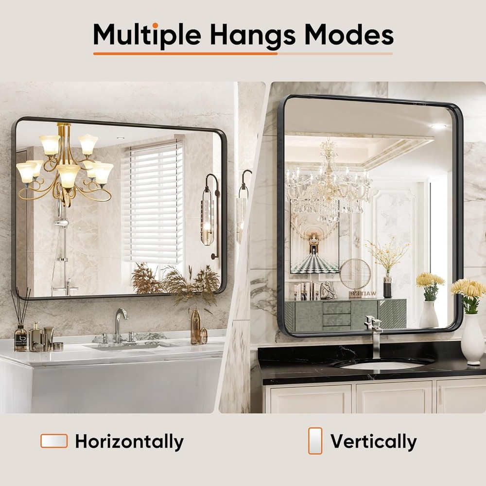 Black Vanity Bathroom Mirror Wall Metal Framed Rounded Rectangular Modern