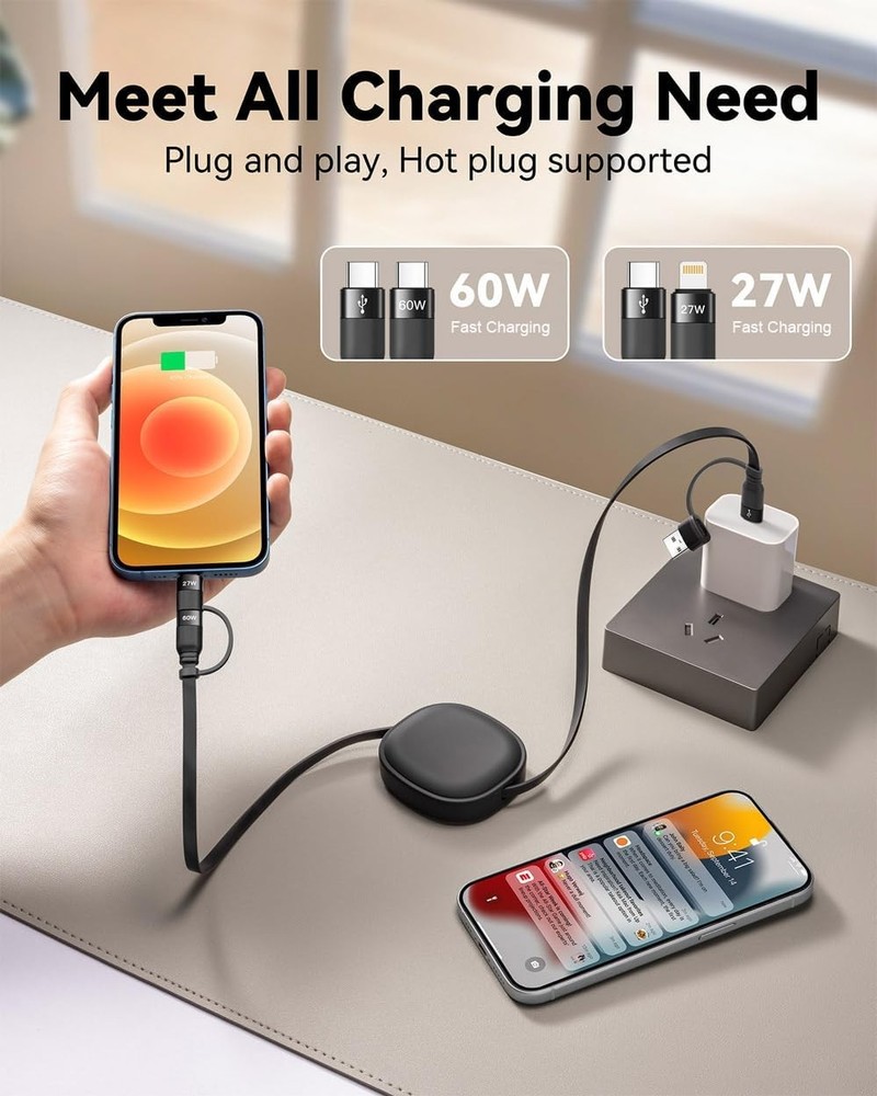 Multi Charging Cable, 2Pack 5 in 1 Retractable Lightning 4 feet, Black