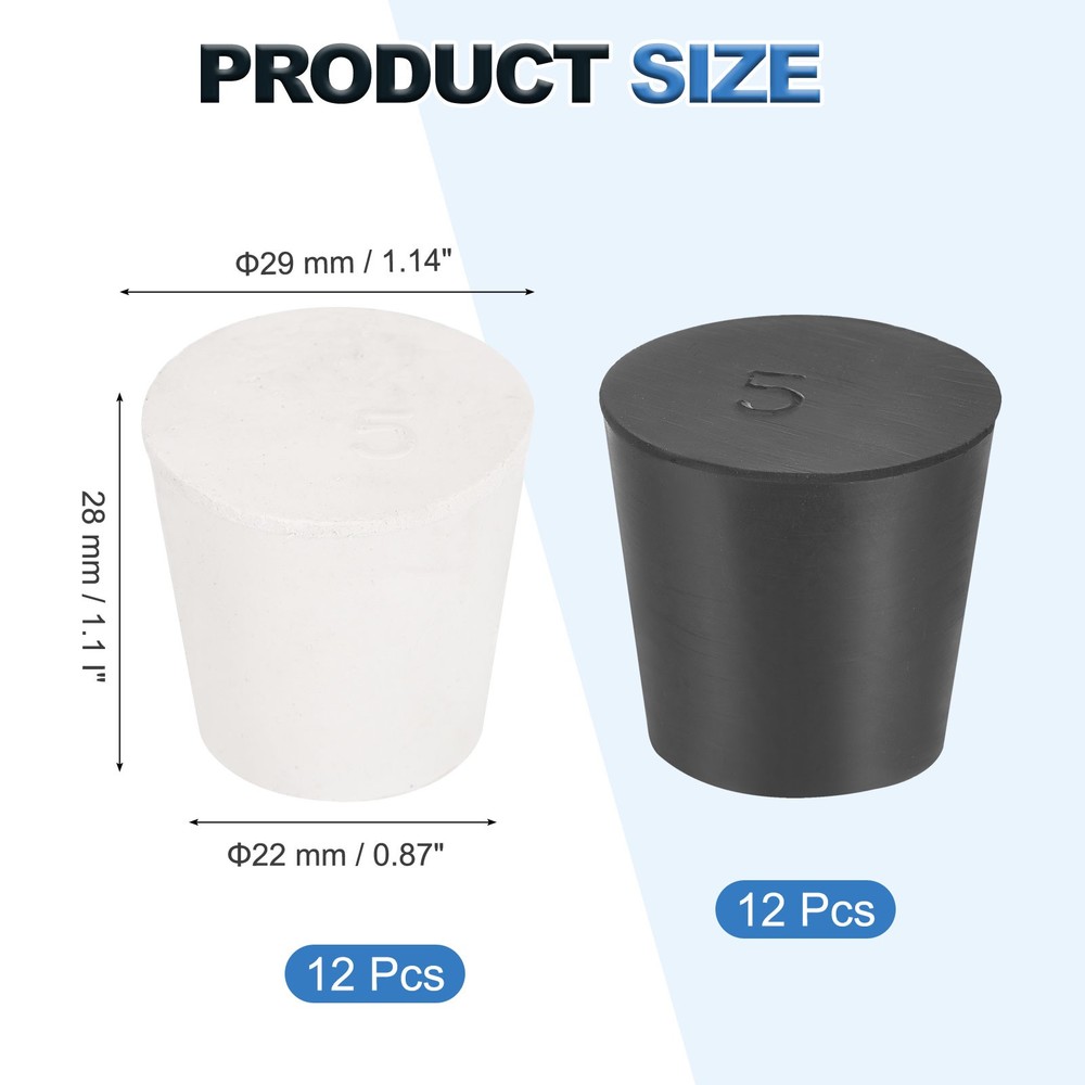 24 Pcs Solid Rubber Stopper Size 5#-29mm x 22mm - 28mm Long, Black/White