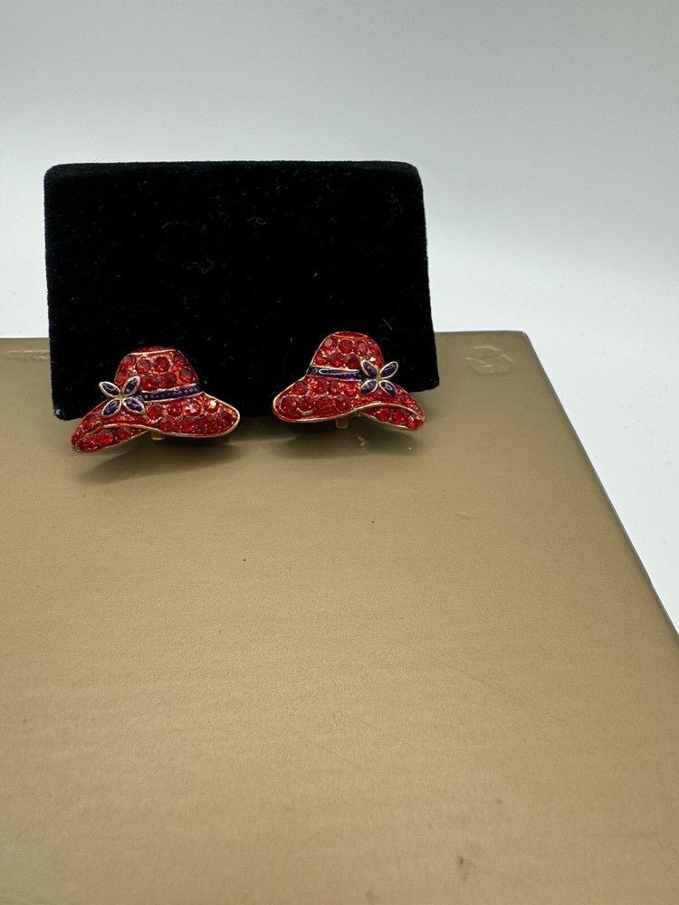 RED HAT EARRINGS CLIP ON RHINESTONES ENAMEL VINTAGE