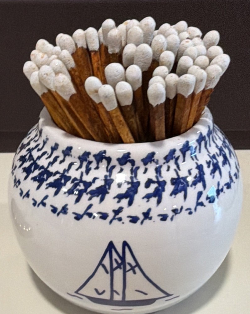 Ceramic Match Holder Blue Sailboat Decorative Design Striker on Base