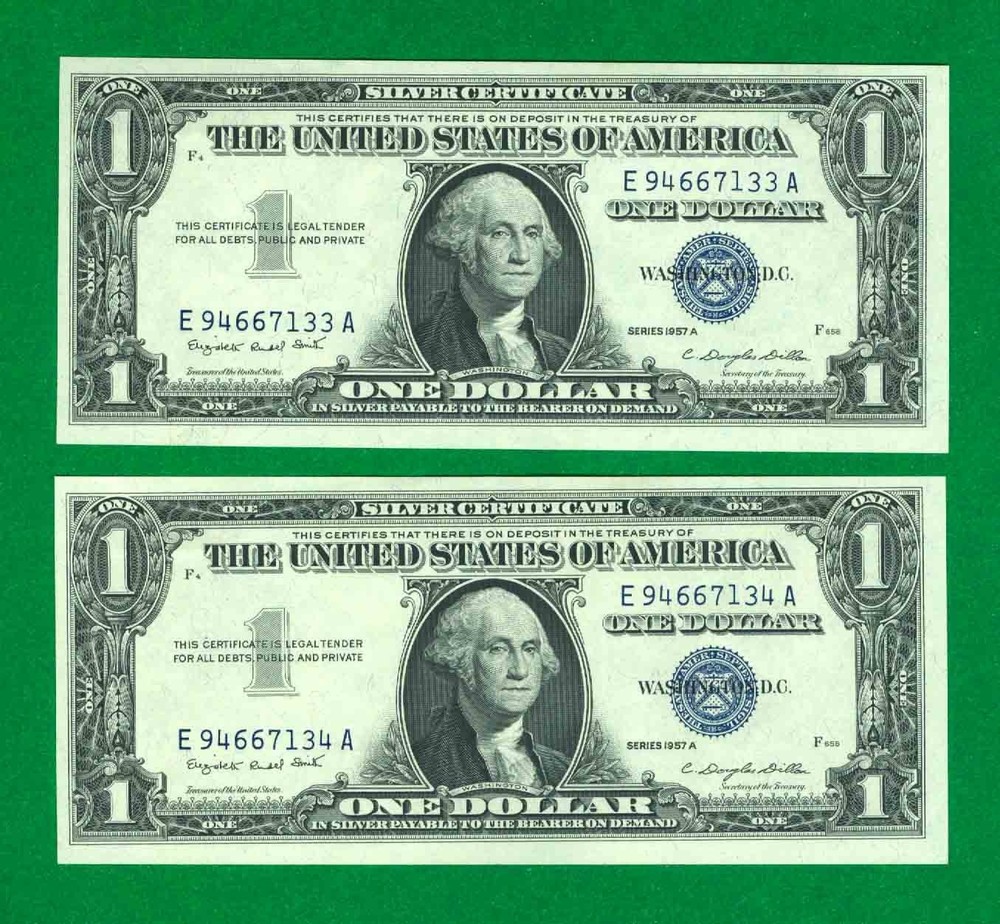 $1 1957-A 2 E/A BLOCK BLUE SEAL SILVER CERTIFICATES CU. PAIR