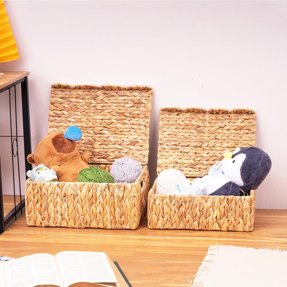 Rectangular wicker storage basket with built-in handles, set of 2