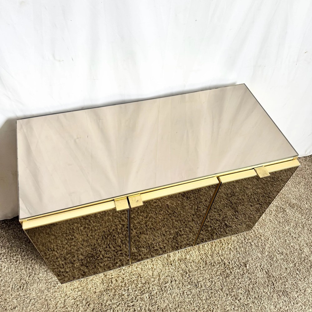 Postmodern Smoked Mirror and Gold Credenza