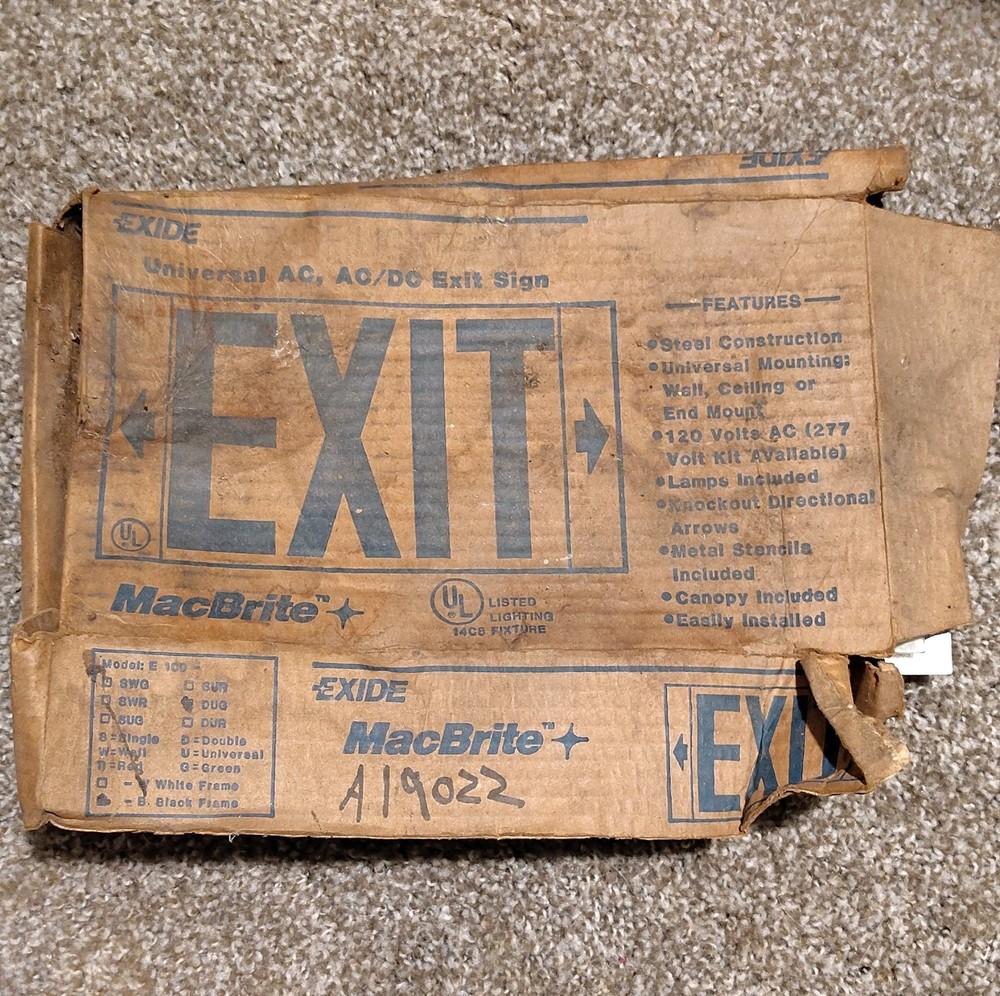 Exide MacBrite E 500 Exit Sign A19022 Universal Mount Incandescent Metal Plastic