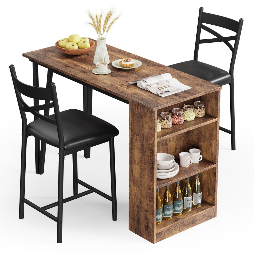 Dining Set Wood Top Table and 2 Upholstered Height Chairs Bar Stools for Kitchen