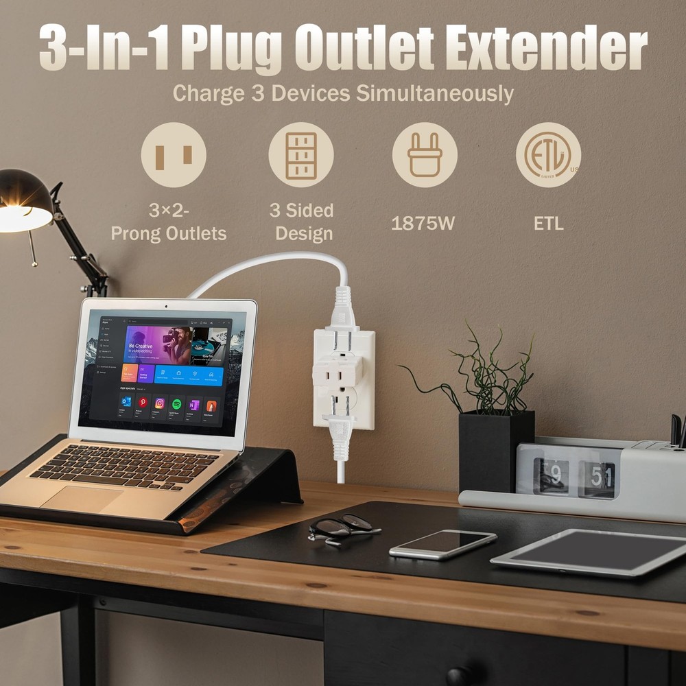 2-Prong 3-Outlet Polarized Wall Extender 2 Pack - 2 Pack, 2 Prong