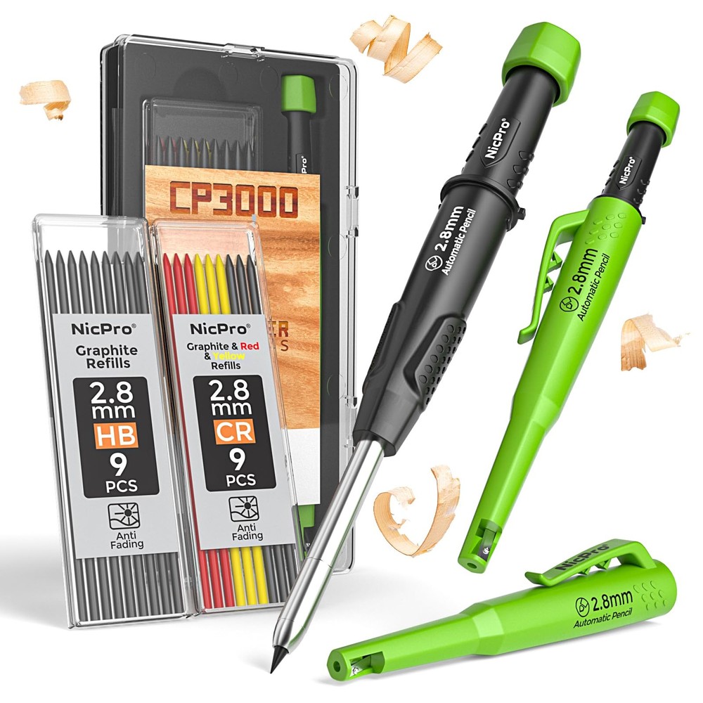 Nicpro Carpenter Pencil with Sharpener, CP3000 Black Green