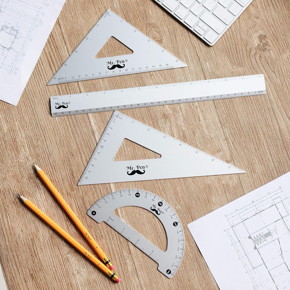 Metal Geometry Kit - 4Pack Set Square, Protractor, Aluminum Ruler, Drafting Tria