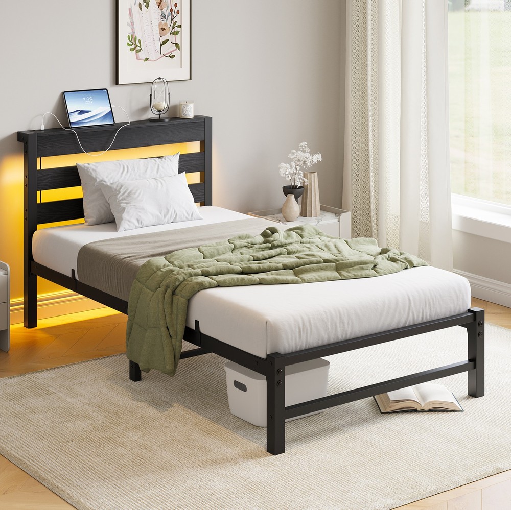 Twin Size Bed Frame Heavy Duty Platform Bed Frame with Headboard, USB Charging S