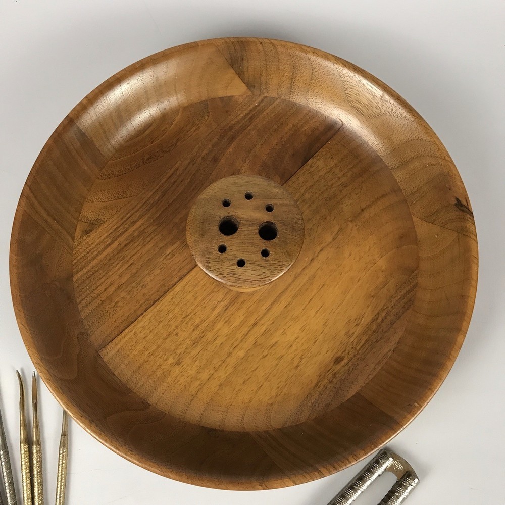Vintage Solid American Walnut Wood Nut Serving Bowl Dish w/ Tools Cracker Picks