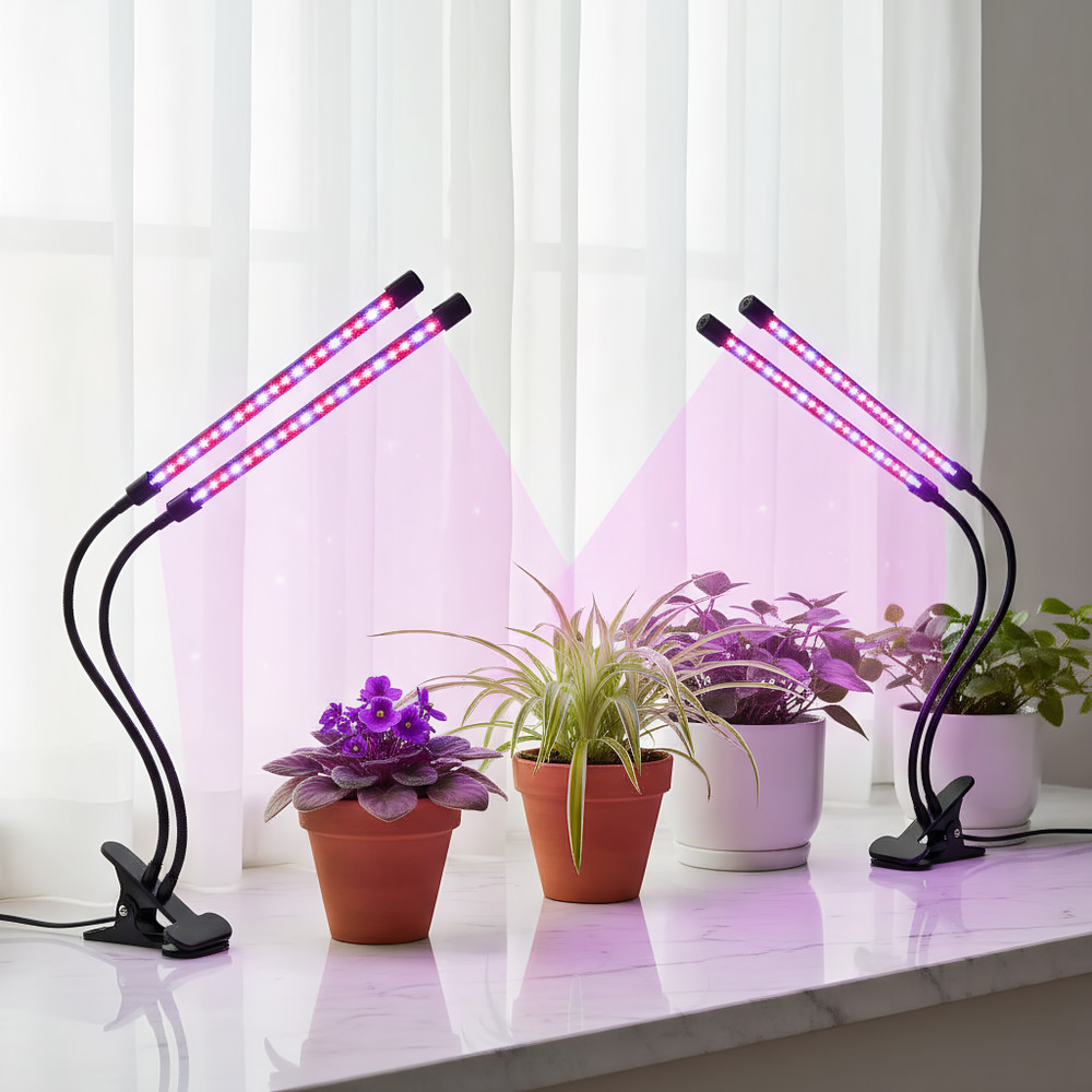 2-Head Clip On LED Grow Light Full Spectrum Timer Dimmable for Indoor (2Pack)