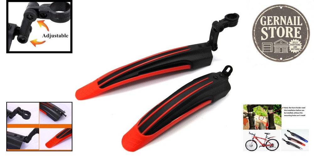 Streamlined Adjustable Mudguard Set for Road & Mountain Bikes - Red + Black