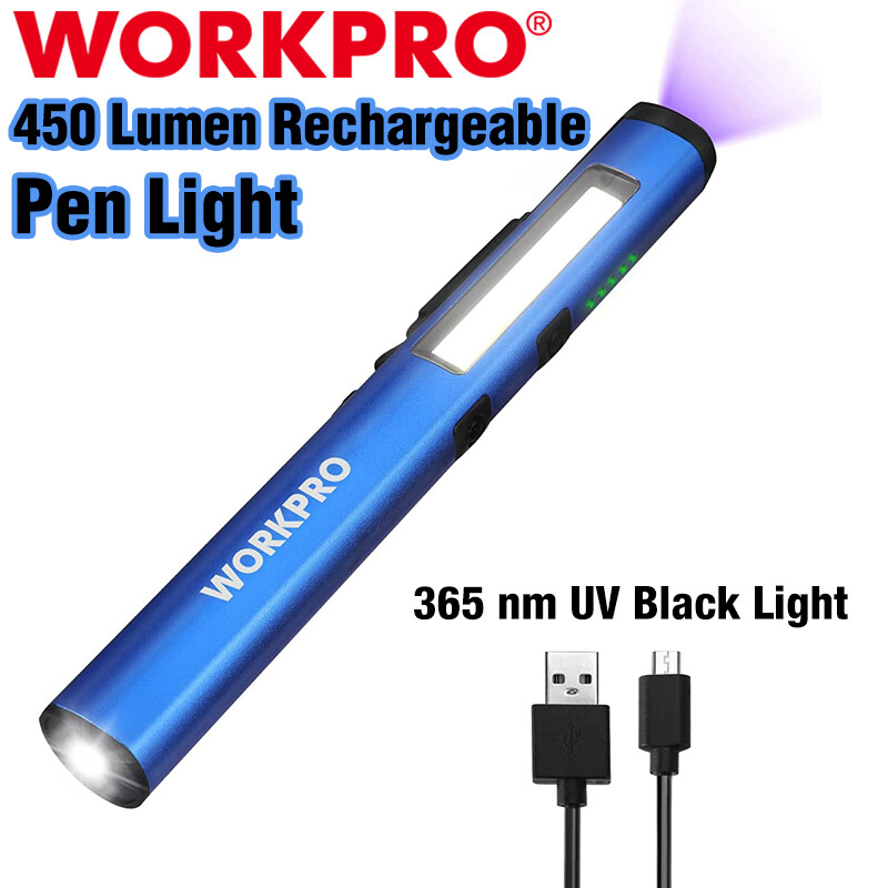 WORKPRO USB Rechargable Pocket Pen Light LED Flashlight UV Black Light 450 Lumen