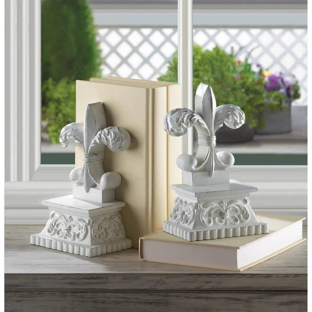 Distressed White Fleur-De-Lis Bookends Home Library Decor