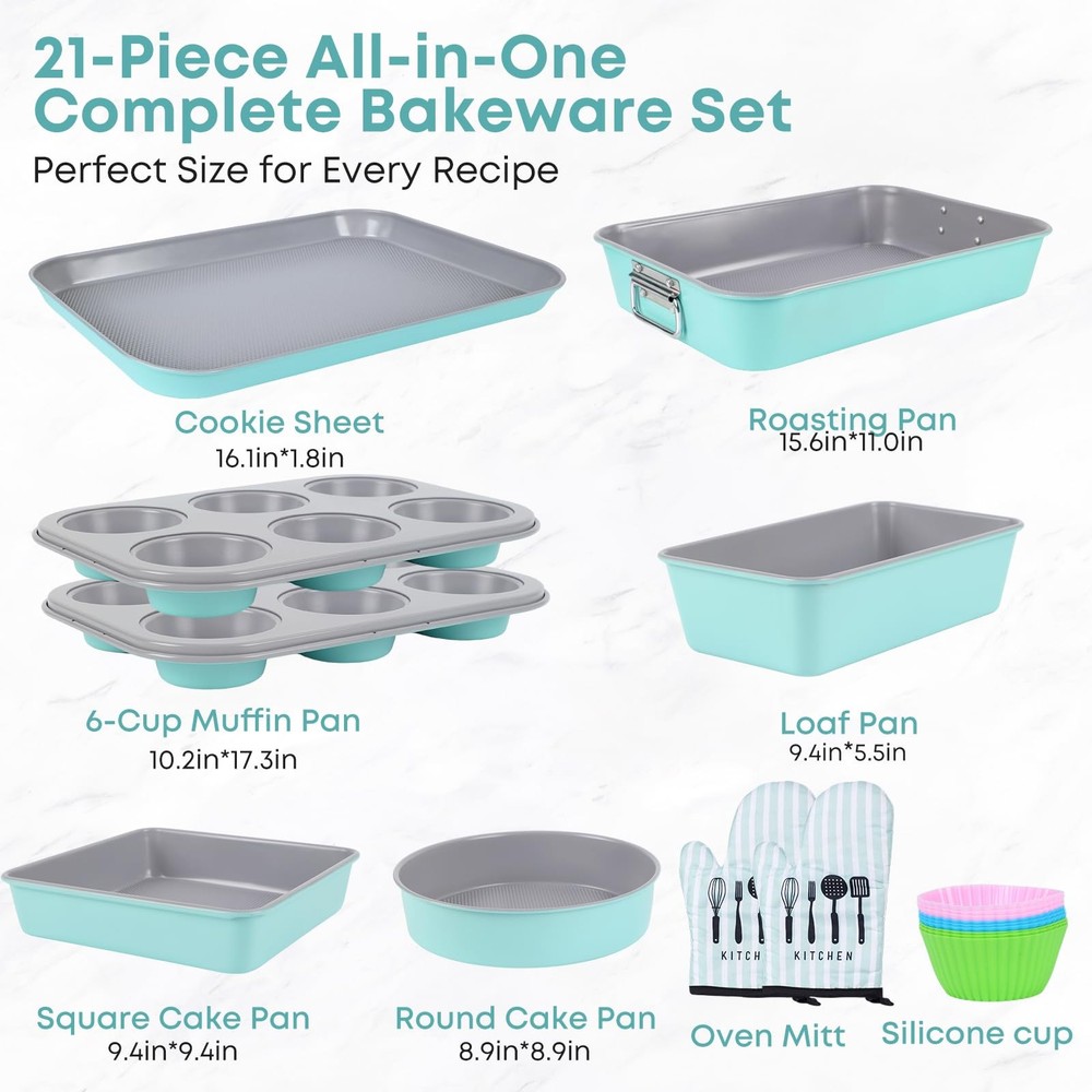 Spmarkt 21-pieces Stackable Nonstick Bakeware Set, L, Blue+Grey