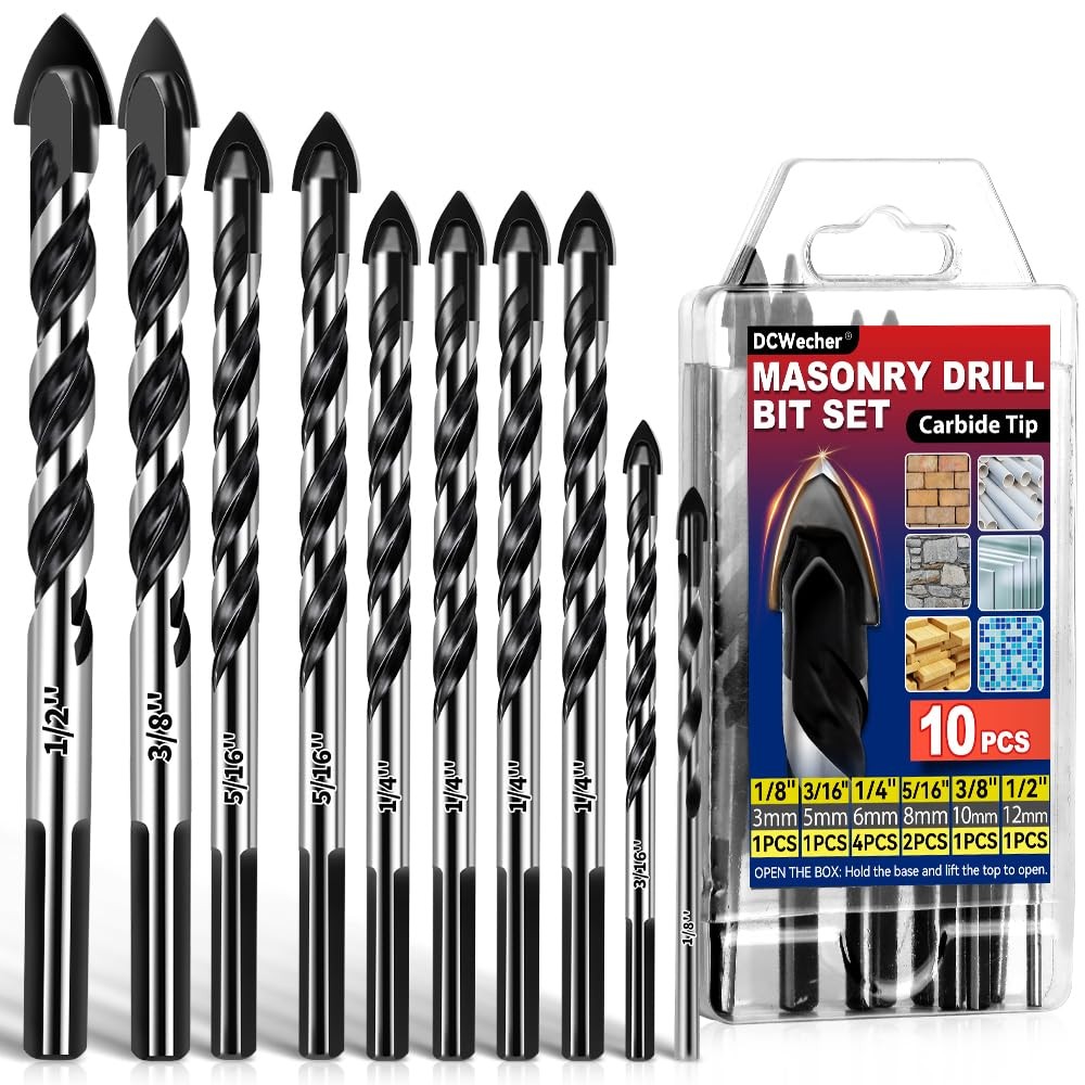 DCWecher 10-PCS Masonry 10 Pcs Drill Bit Set （1/8"-1/2"）, Black