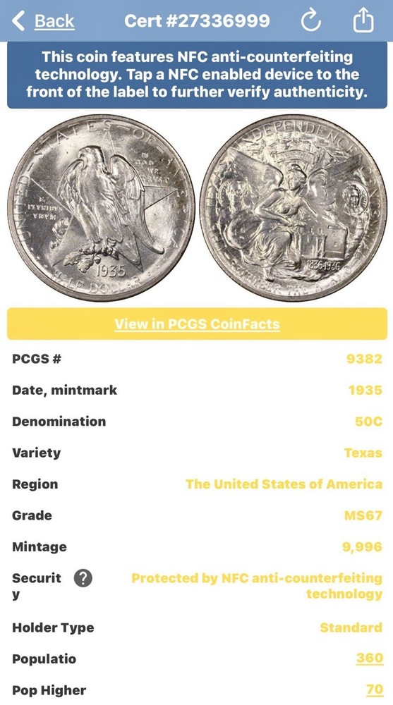 1935 TEXAS COMMEMORATIVE HALF DOLLAR PCGS MS67
