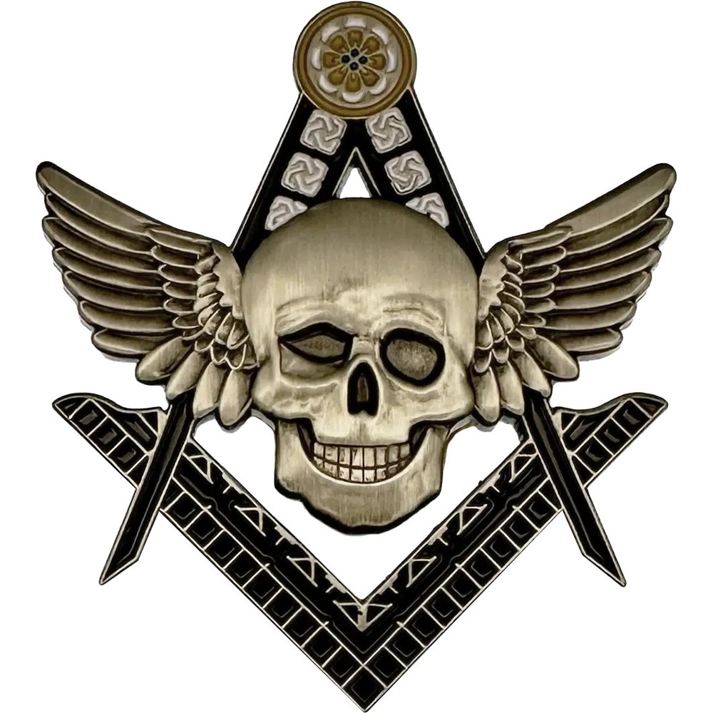 MASONIC SQUARE AND COMPASS WITH WINGED SKULL LAPEL PIN