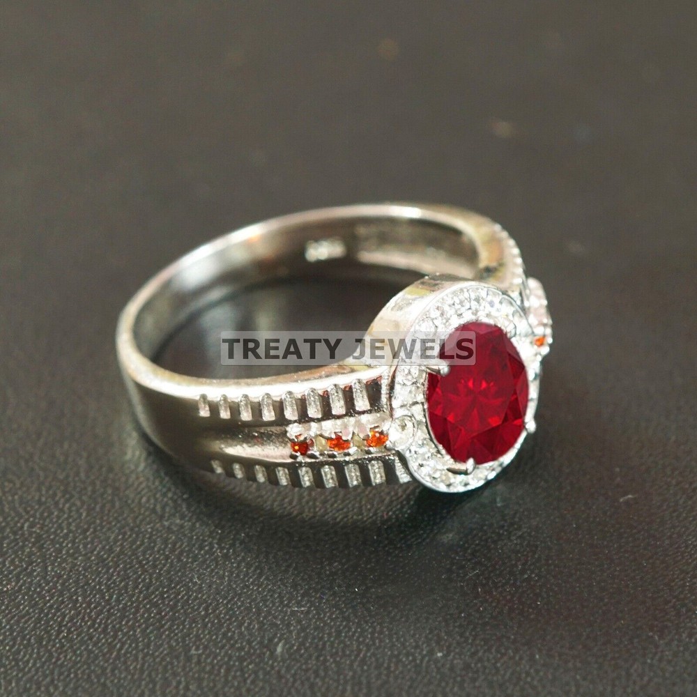 Ruby Oval Cut With 14K Solid White Gold Ring For Men's #B522