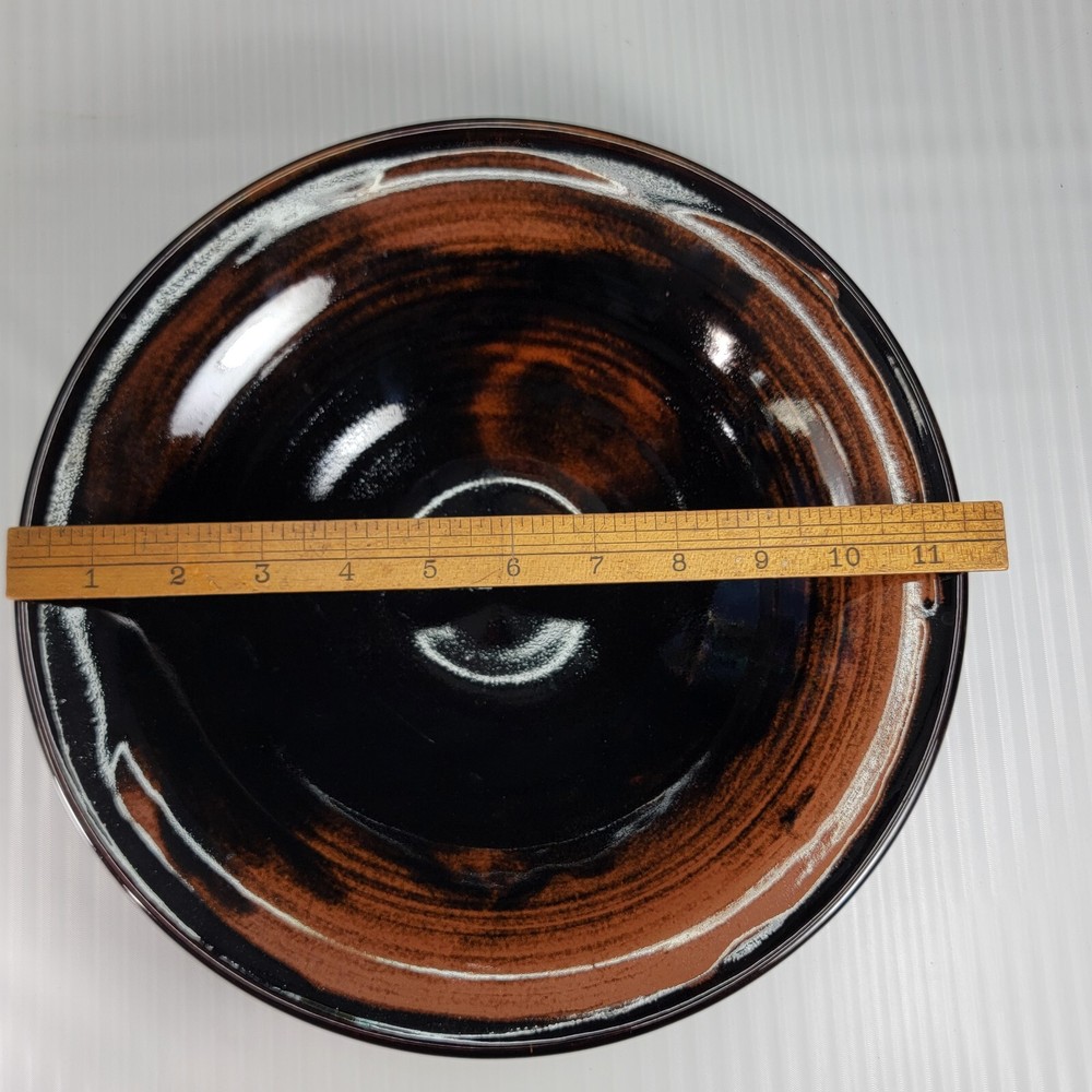 11" Round Stoneware Brown Swril Bowl Signed JM