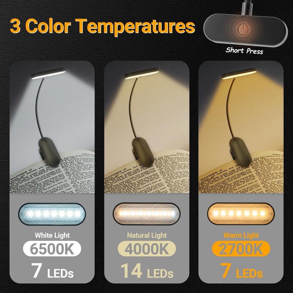 Book Light for Reading at Night3 Color Modes & Stepless Dimming Book Light fo...
