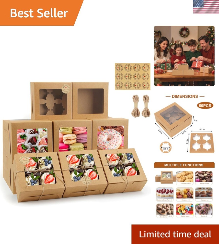 50 PCS Cupcake Boxes with Window, 6x6x3 Inch Cookie Boxes, Brown Bakery Conta...