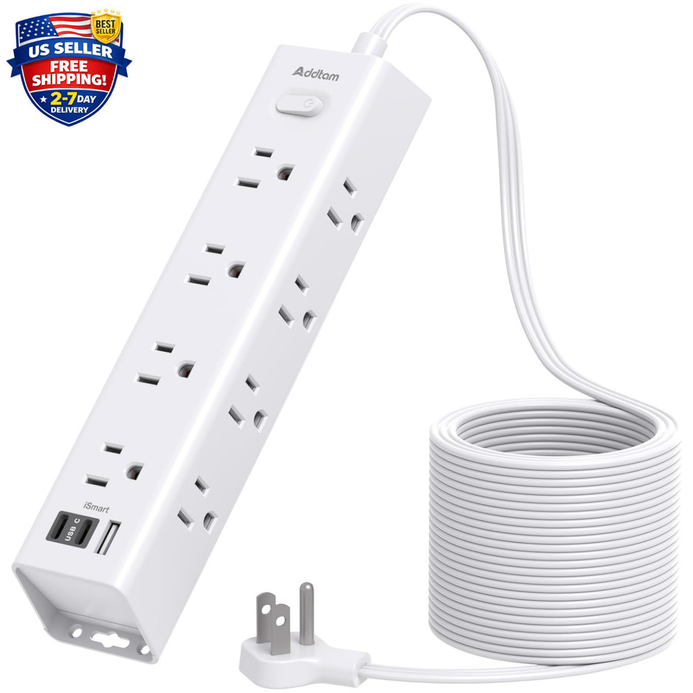 15ft Flat Plug Extension Cord, Surge Protector Power Strip With 12 Outlets,White