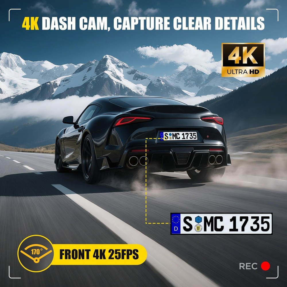 Dash Cam Front 4K, Camera for Car 1 Channel Cam, Black