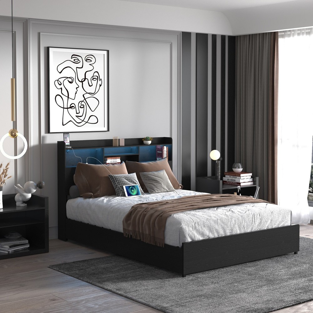 Full/Queen Size Platform Bed Frame w/ LED Lights & Storage Headboard & 4 Drawers