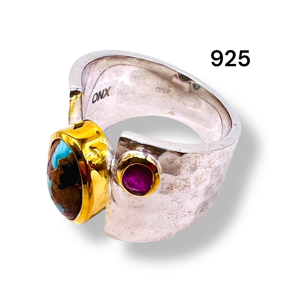 Two Tone Sterling Silver Blue Turquoise Emerald Ruby Ring Handmade -6500