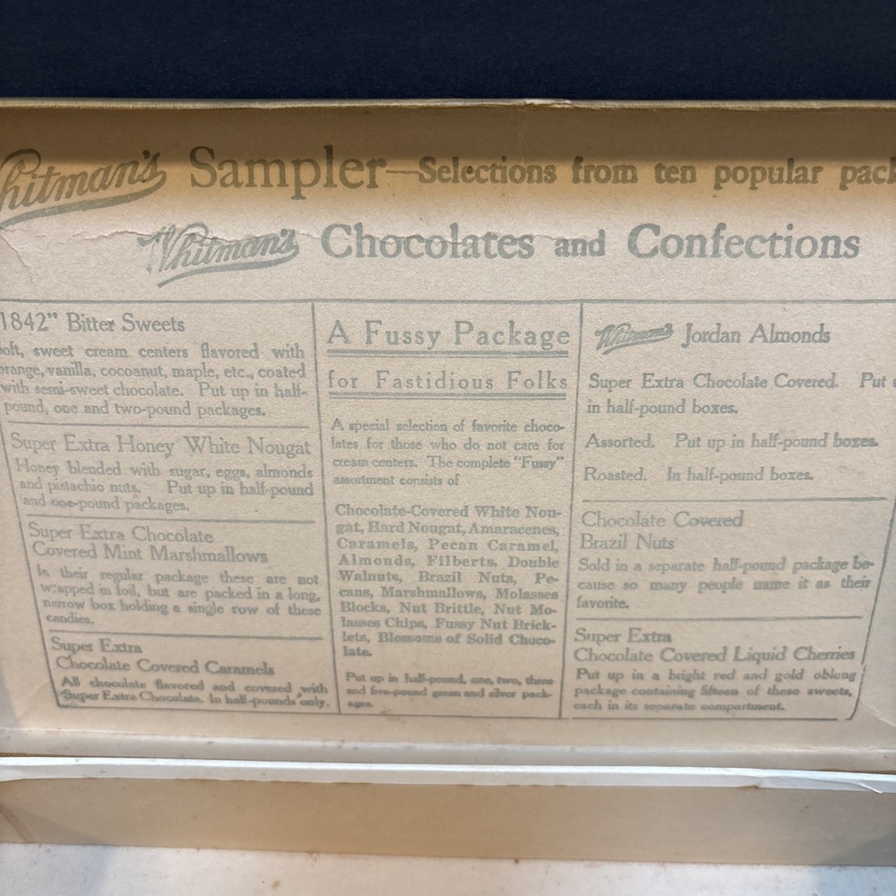 Vintage Whitman’s Sampler Chocolates Candy Box Advertising 1940s Empty