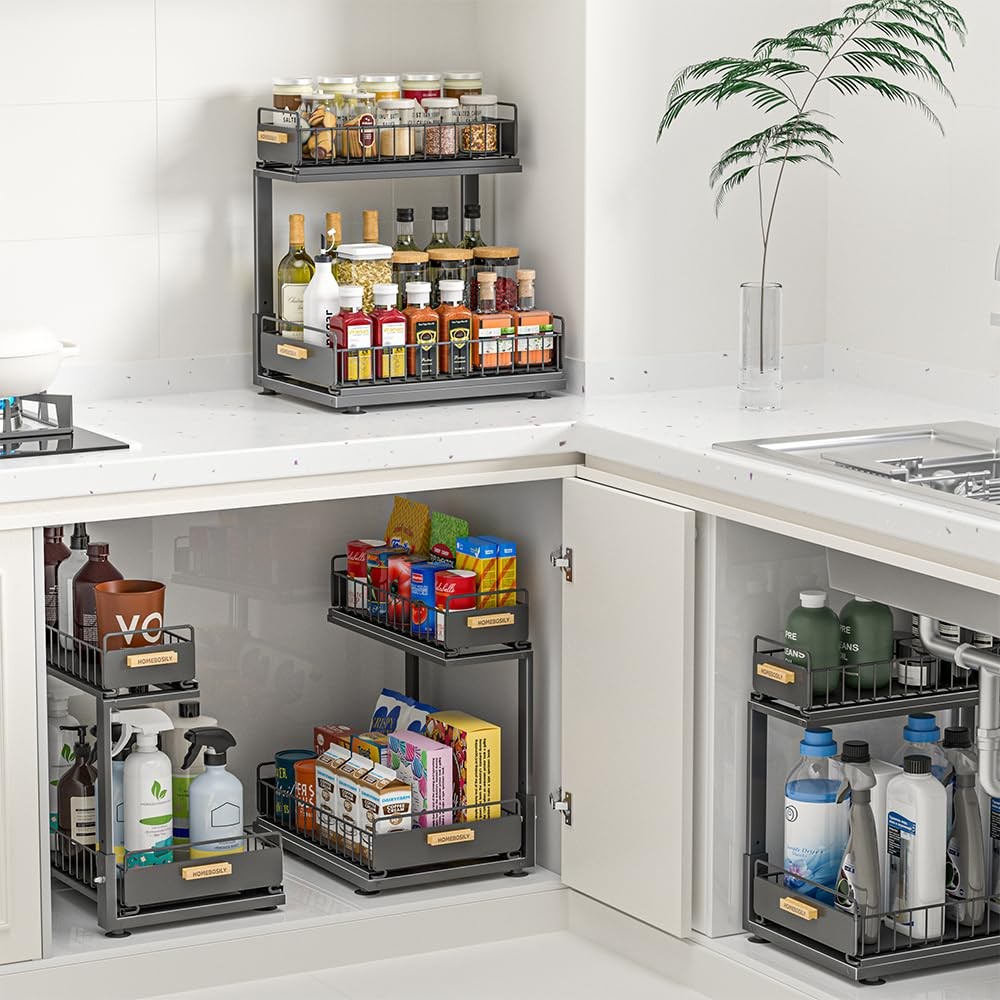 Under Sink Organizer Kitchen, 2 Tier Double Layer, Black
