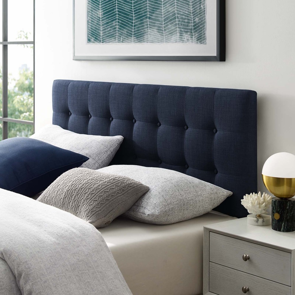 Modway Fabric Upholstered Button Tufted Square Full Size Headboard in Navy