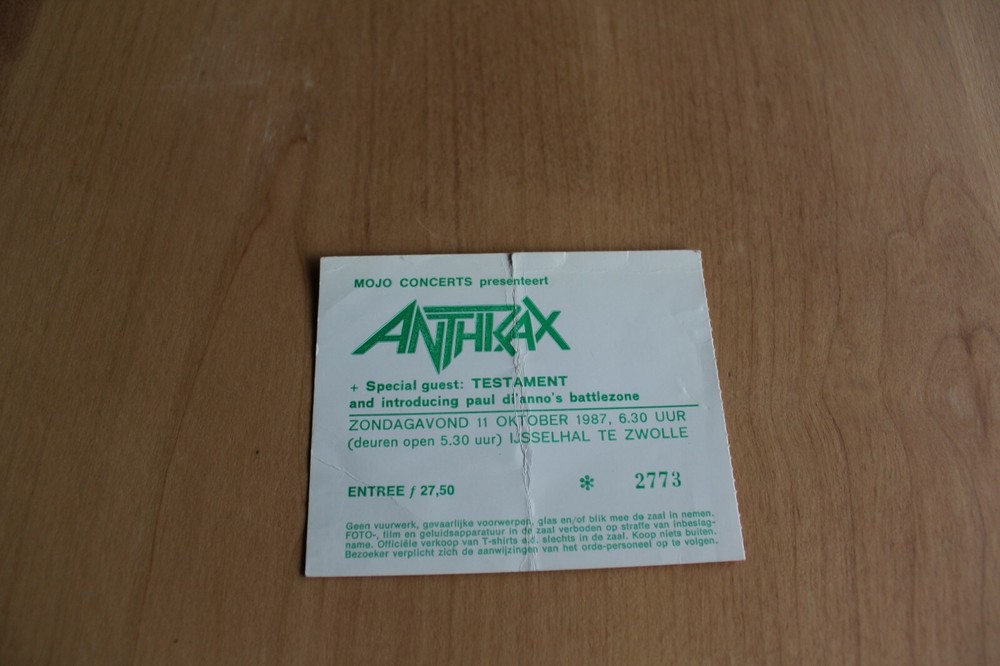 Anthrax Testament - Dutch 1987 Concert Ticket - FREE SHIPPING -
