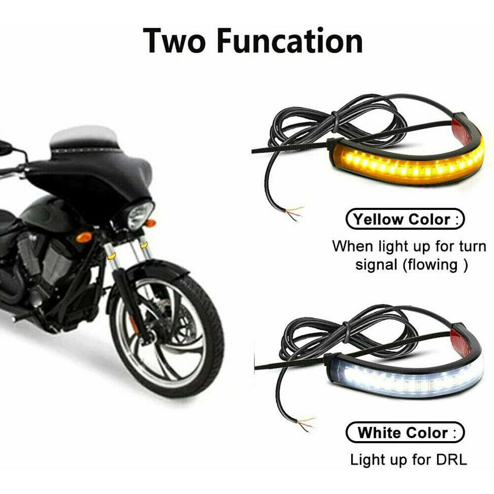 White/Amber Switchback LED Fork Turn Signal DRL Light Strips For Motorcycle 2pc