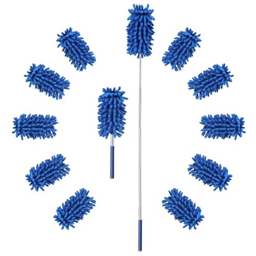 12 Pack Microfiber Dusters for Cleaning, High Duster with Extension Pole, Blue