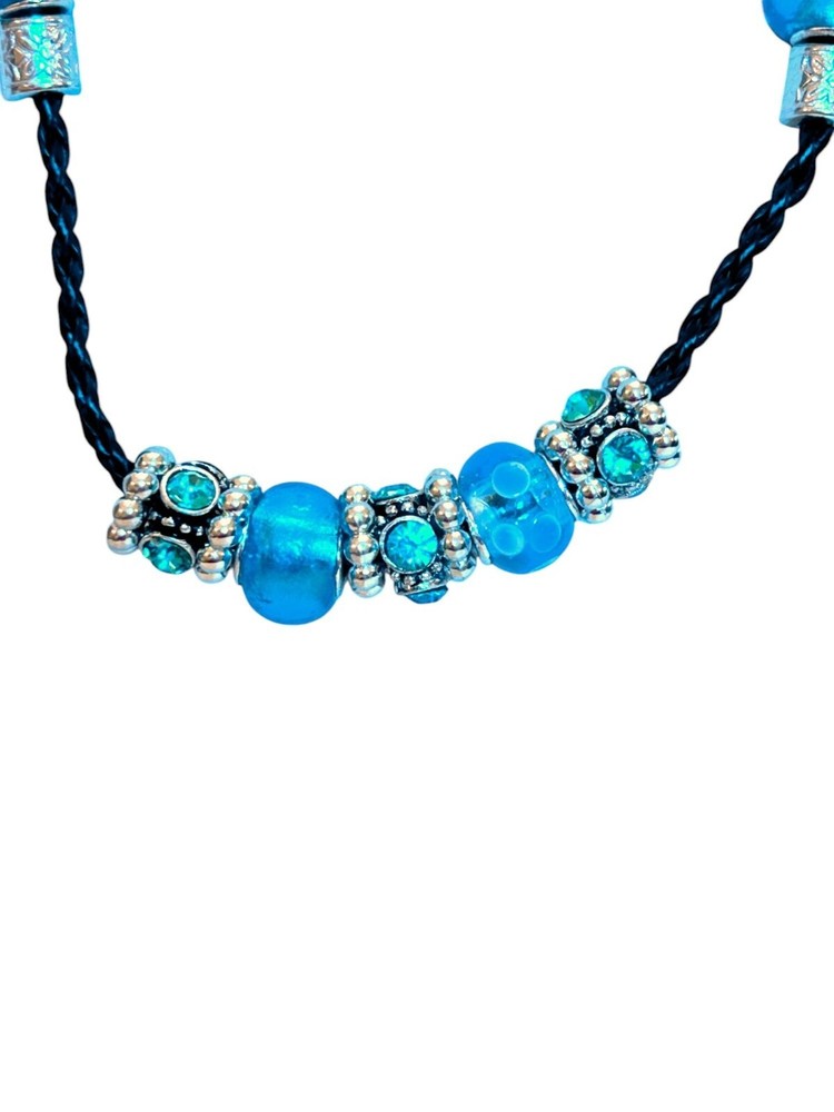 Handmade Blue Glass & Silver Bead Black Braided Necklace