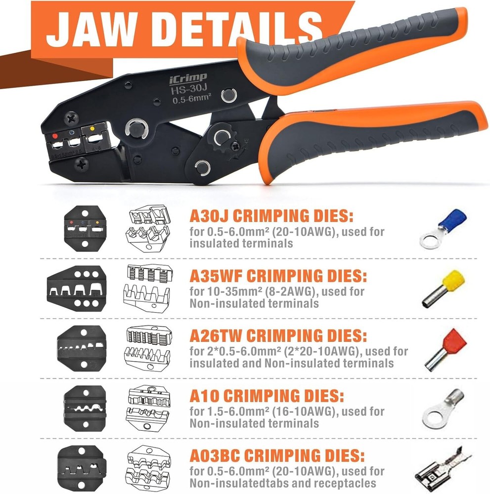 Ergonomic iCrimp Ratchet Crimper Set with 5 Interchangeable Jaws & Wire Stripper