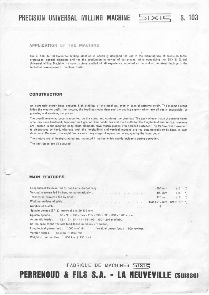 Operator Manual Fits Sixis S 103 Precision Universal Milling Machine