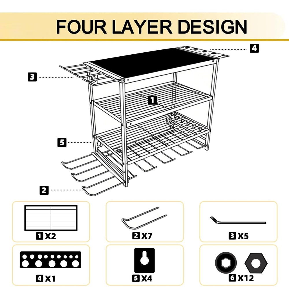 4 Layer Power Tool Organizer Wall Mount, Heavy-Duty Tools Holder with 6 Drill...