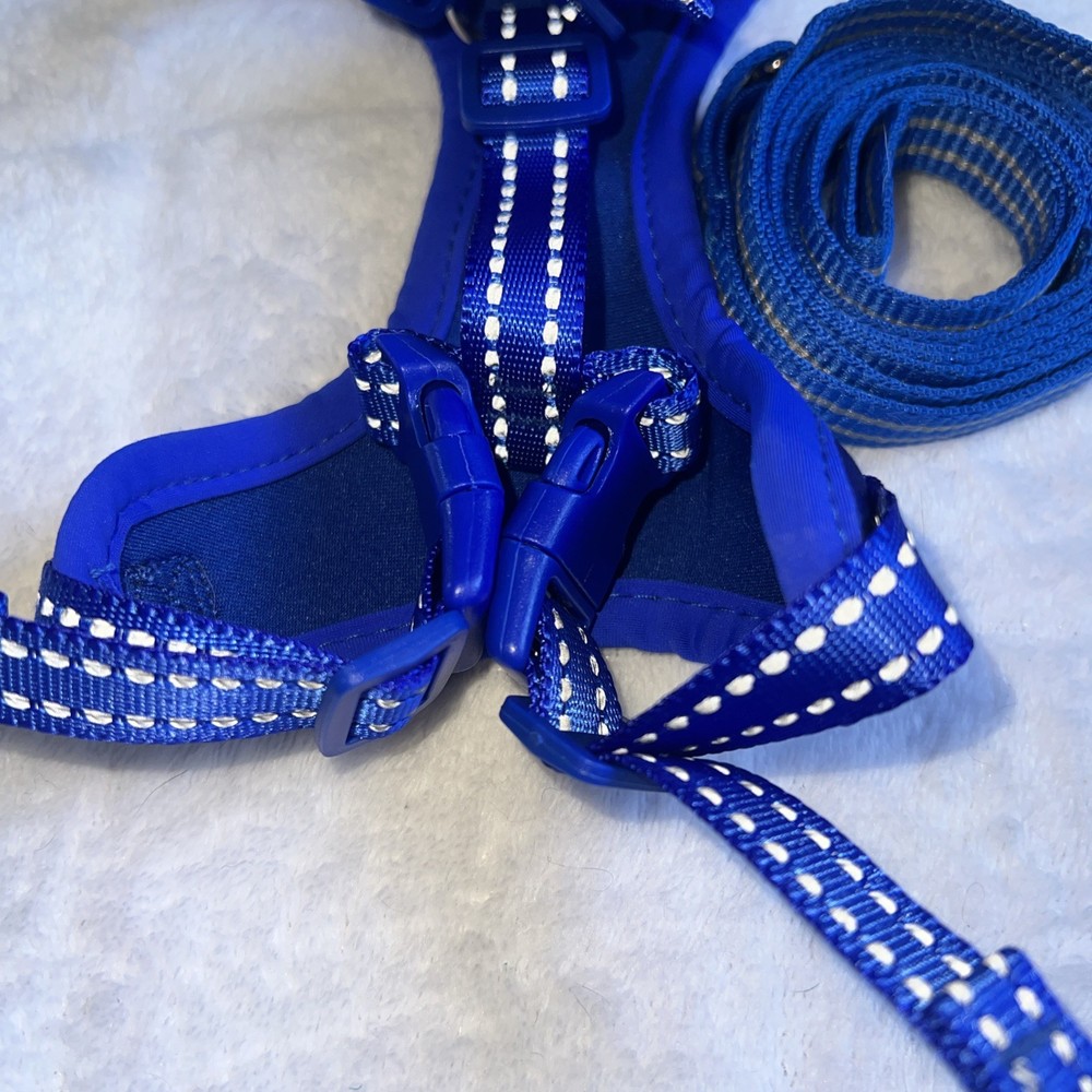 Small Nylon Dog Harness Adjustable blue ocean waves with blue leash size M