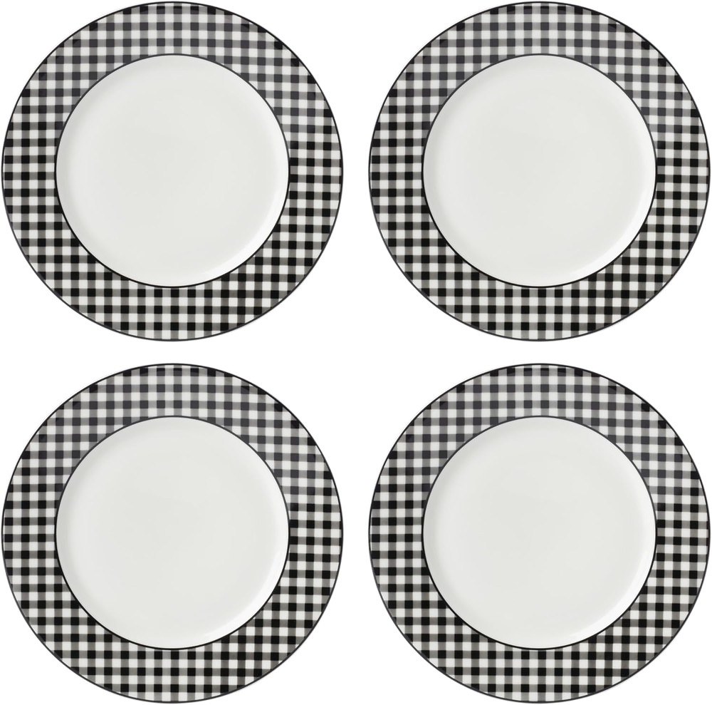 Dinnerware Set, Gingham Black Dinner Plates, Service for 4, Porcelain, Microwave