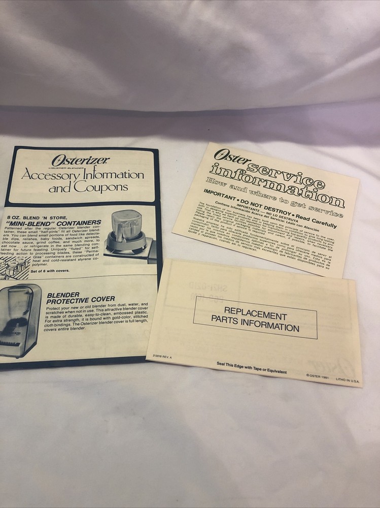 1981 Osterizer Accessory Information and Coupons, Service Info, Replacement Part