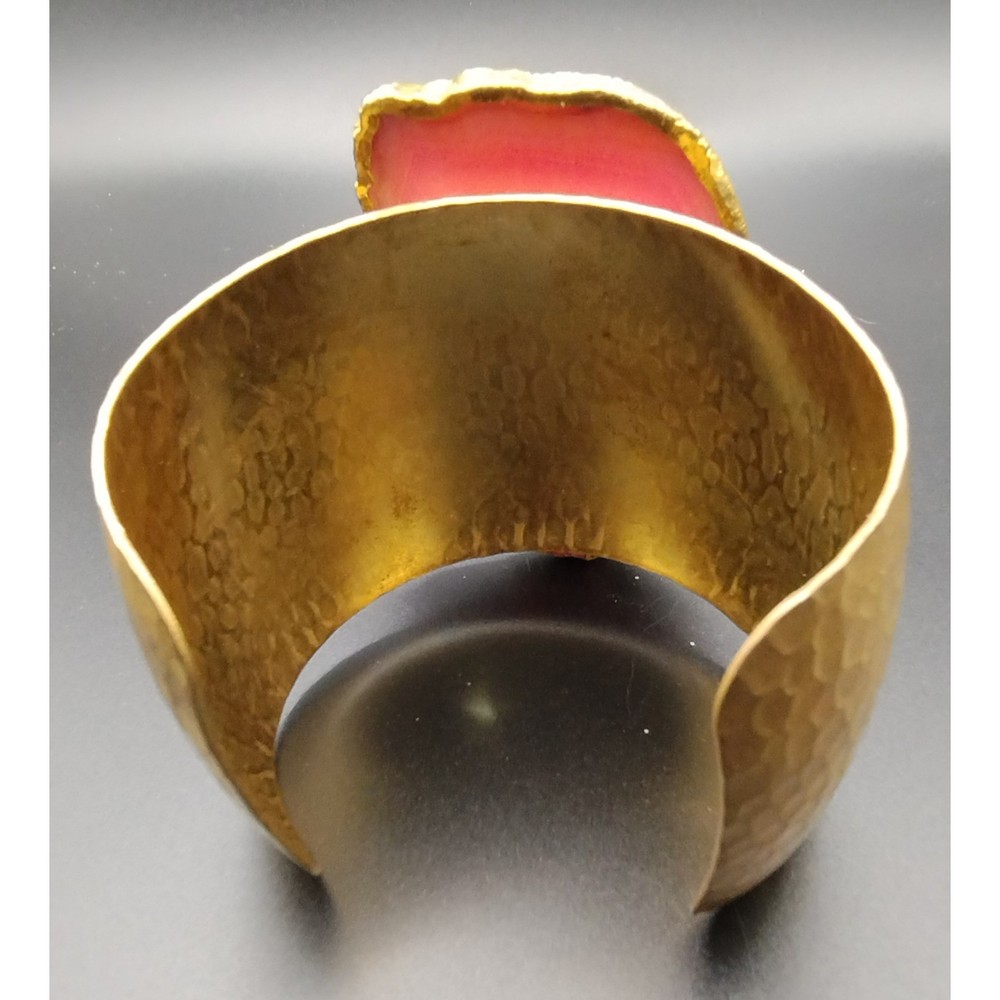 Handcrafted Hammered Goldtone Cuff Bracelet Pink Agate Geode Slice Statement