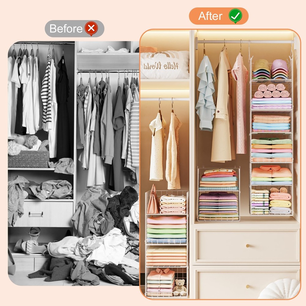 6 Tier Hanging Closet Organizer, Sweater Organizer for Closet, Stackable Wire...