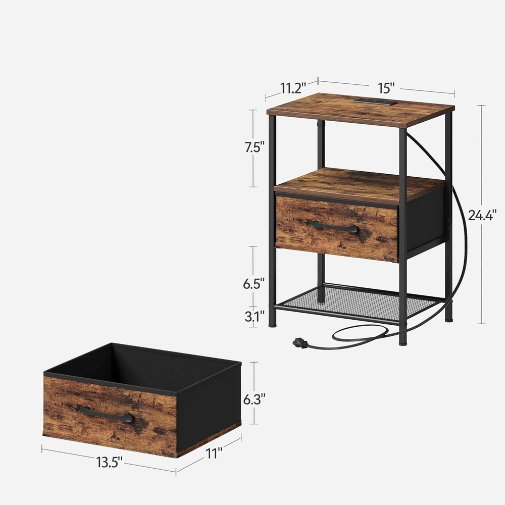 Night Stand Set 2, End Table with Charging Station, LED Bedside Table with Fa...