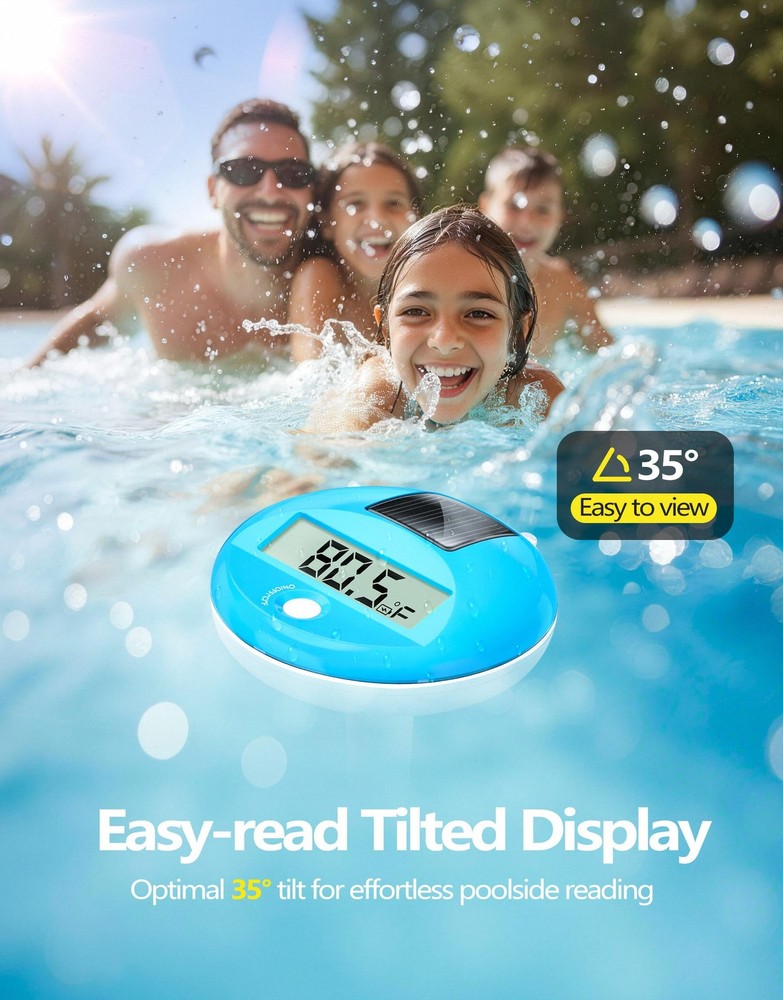 LuxBlue Floating Pool Thermometer Solar Powered | Large Compact, Light Blue