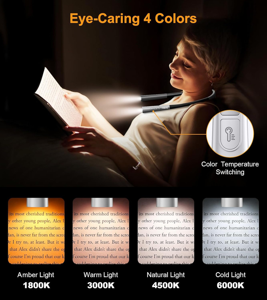 Book Light, Eye Caring 4-Color & 5-Brightness Neck Light Reading Light- Stepless