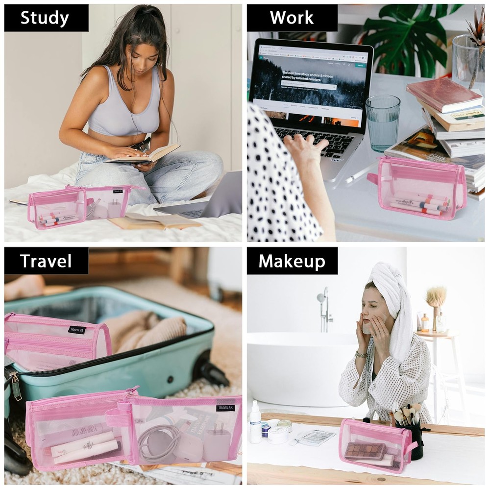 2-Pack Grid Mesh Pencil Case with Handle and Zipper, Double Layer Clear Pencil